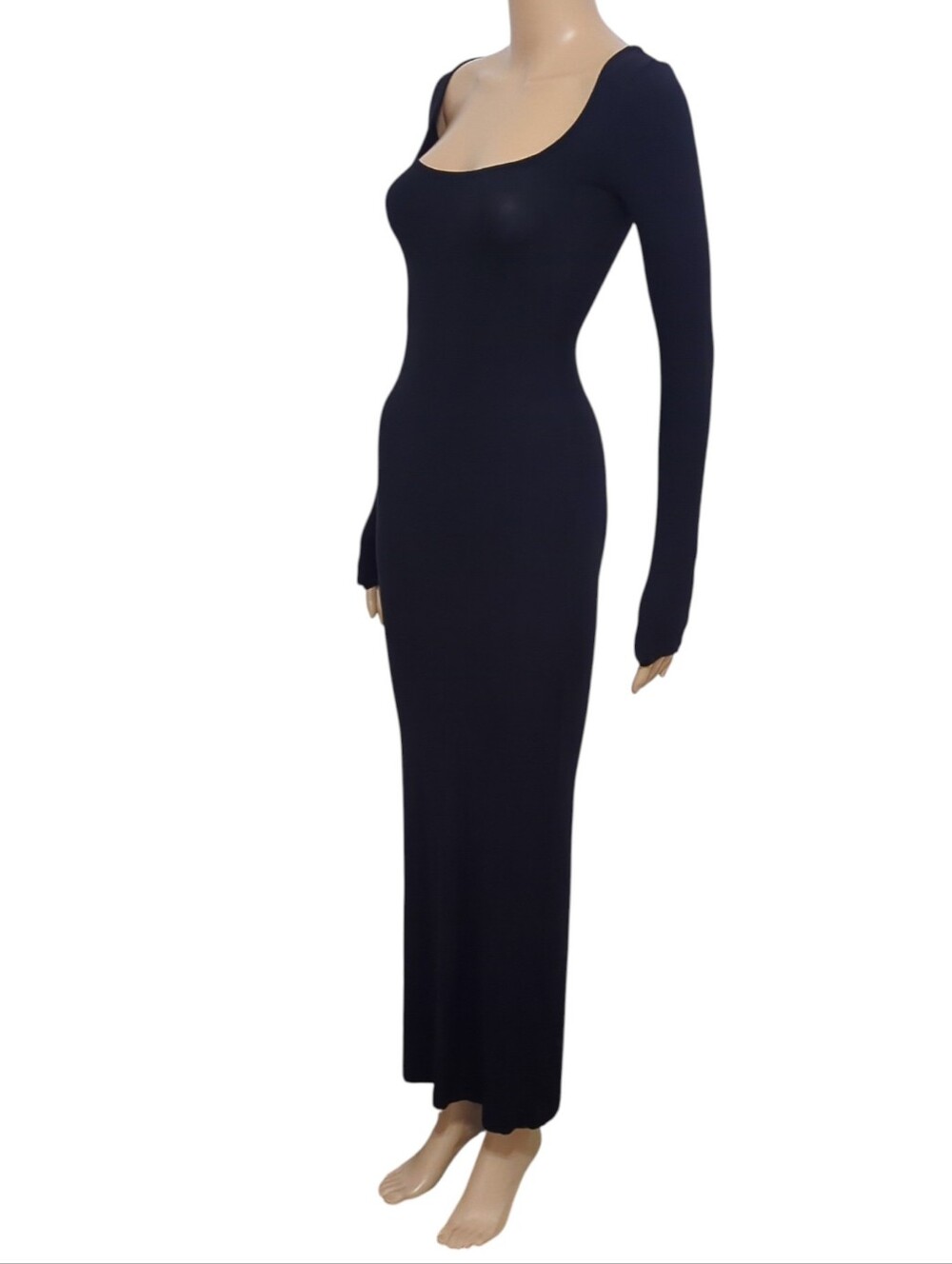SKIMS Soft Lounge Ribbed Maxi Dress Black XS Scoop Neck Long Sleeve - Picture 4 of 9
